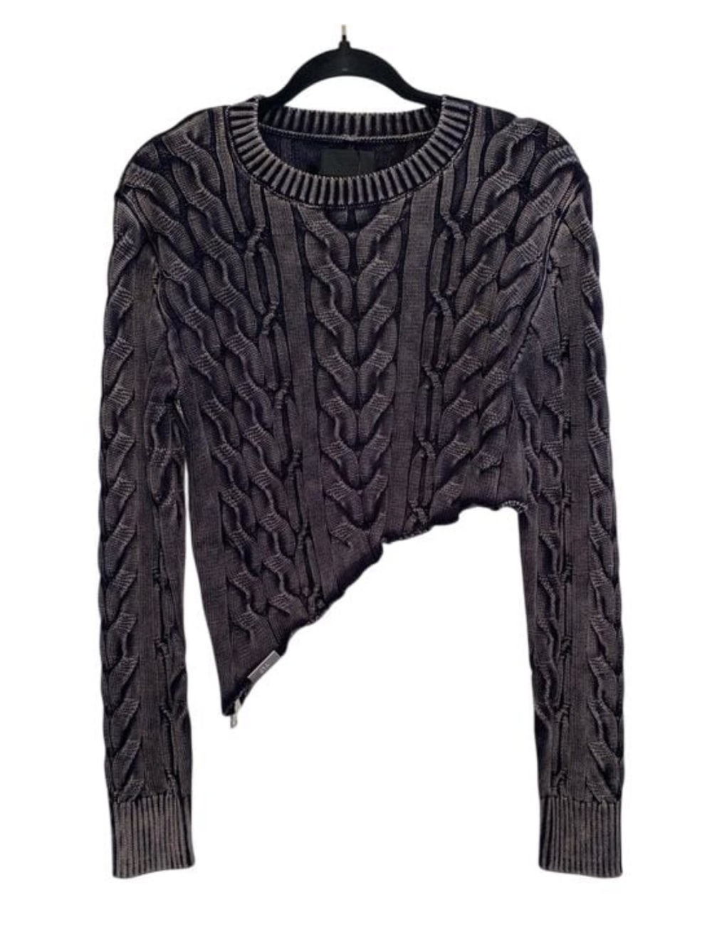 NEW RTA Lillian Black Asymmetrical Cable Knit Cropped Distressed Sweater